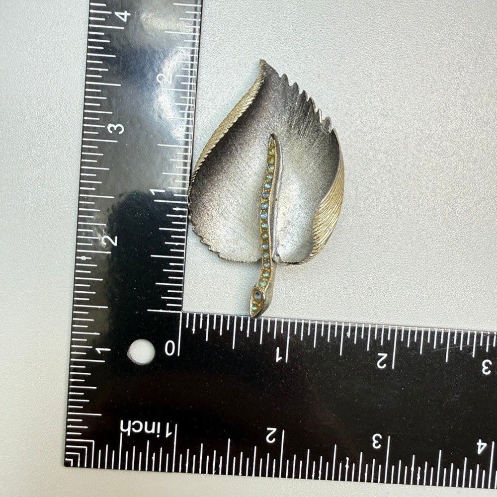 Vintage Silver Tone Leaf Brooch with Blue Rhinestones 2.5" Gray‎ Artsy Artisan - Picture 6 of 7